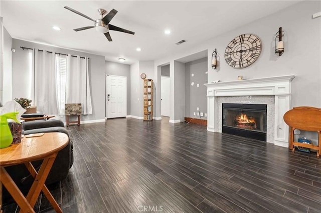 5191 Westerfield St, Jurupa Valley, CA 92509 - living room with ceiling fan, wood finished floors, recessed lighting, and a fireplace