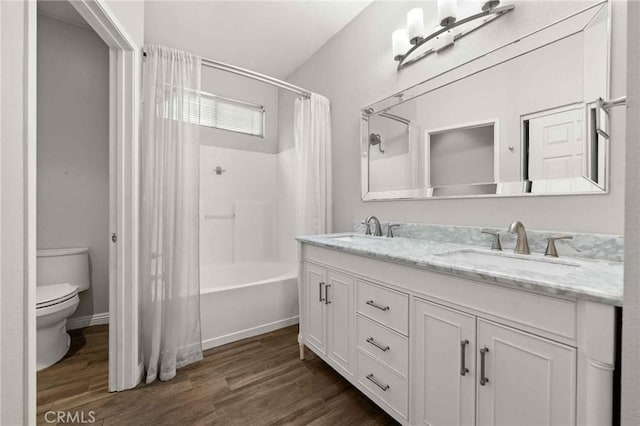 5191 Westerfield St, Jurupa Valley, CA 92509 - bathroom with shower / bathtub combination with curtain, double vanity, and wood finished floors