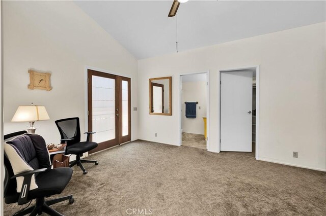 7608 Shawnee Trl, Yucca Valley, CA 92284 - office space featuring carpet flooring, ceiling fan, high vaulted ceiling, and baseboards