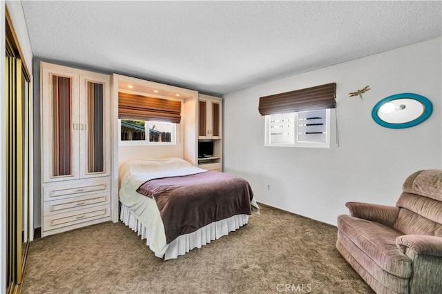 7608 Shawnee Trl, Yucca Valley, CA 92284 - carpeted bedroom featuring a textured ceiling and multiple windows