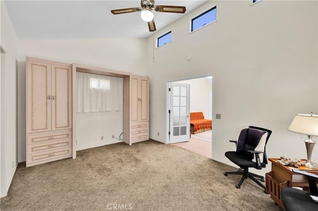 7608 Shawnee Trl, Yucca Valley, CA 92284 - sitting room with ceiling fan, carpet flooring, and high vaulted ceiling