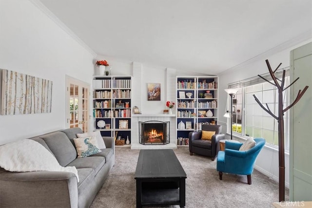 1626 S Boulder Ave, Ontario, CA 91762 - living area featuring vaulted ceiling, crown molding, carpet, and a fireplace