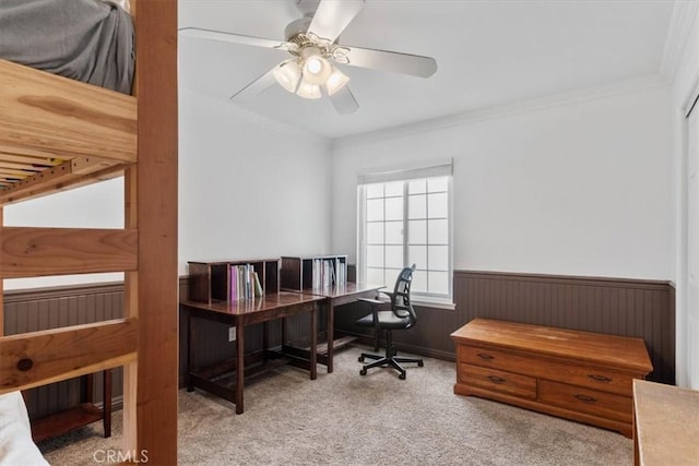 1626 S Boulder Ave, Ontario, CA 91762 - carpeted office space with a wainscoted wall, ornamental molding, a ceiling fan, and wooden walls