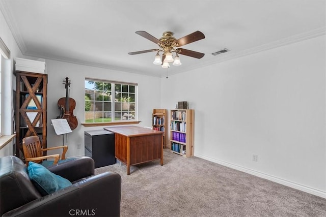 1626 S Boulder Ave, Ontario, CA 91762 - office area with a ceiling fan, light colored carpet, ornamental molding, and baseboards