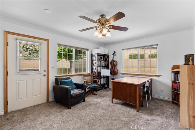 1626 S Boulder Ave, Ontario, CA 91762 - office area with carpet flooring, ornamental molding, ceiling fan, and baseboards