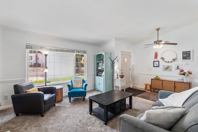 1626 S Boulder Ave, Ontario, CA 91762 - living room featuring a ceiling fan, carpet, and crown molding