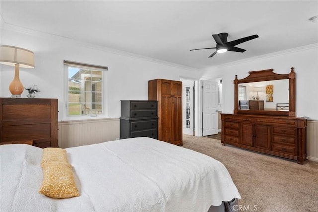1626 S Boulder Ave, Ontario, CA 91762 - bedroom with wainscoting, light colored carpet, ornamental molding, and ceiling fan