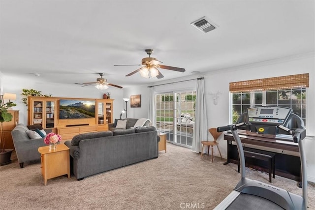 1626 S Boulder Ave, Ontario, CA 91762 - living room with carpet flooring, a ceiling fan, and ornamental molding