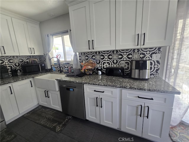1212 Gen Ct, Barstow, CA 92311 - kitchen with dishwasher, black microwave, a sink, white cabinetry, and decorative backsplash