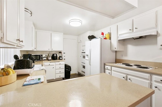 121 E Live Oak St, San Gabriel, CA 91776 - kitchen with white appliances, white cabinetry, light countertops, and under cabinet range hood