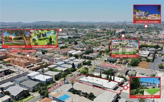 121 E Live Oak St, San Gabriel, CA 91776 - aerial view of property and surrounding area featuring property boundaries highlighted and a large body of water