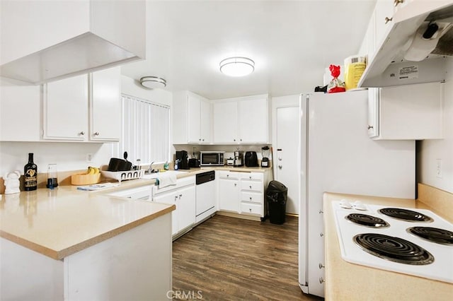121 E Live Oak St, San Gabriel, CA 91776 - kitchen featuring under cabinet range hood, white dishwasher, stainless steel microwave, a peninsula, and white cabinetry