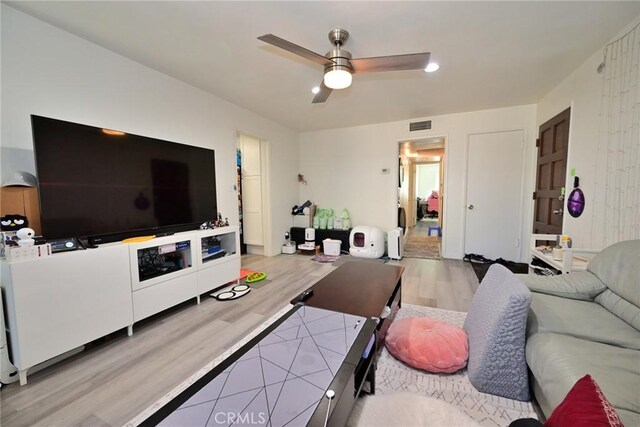 121 E Live Oak St, San Gabriel, CA 91776 - living room featuring light wood-type flooring, a ceiling fan, and recessed lighting