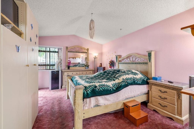 1518 Goldrush Way, Oceanside, CA 92057 - bedroom with lofted ceiling, fridge, carpet, and a textured ceiling