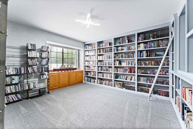 19 Gateview Dr, Fallbrook, CA 92028 - sitting room featuring wall of books, carpet flooring, and a textured ceiling