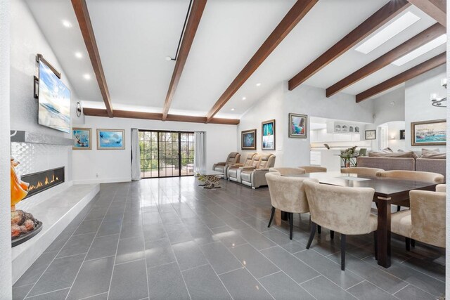 19 Gateview Dr, Fallbrook, CA 92028 - dining room featuring a large fireplace, beam ceiling, recessed lighting, dark tile patterned floors, and high vaulted ceiling