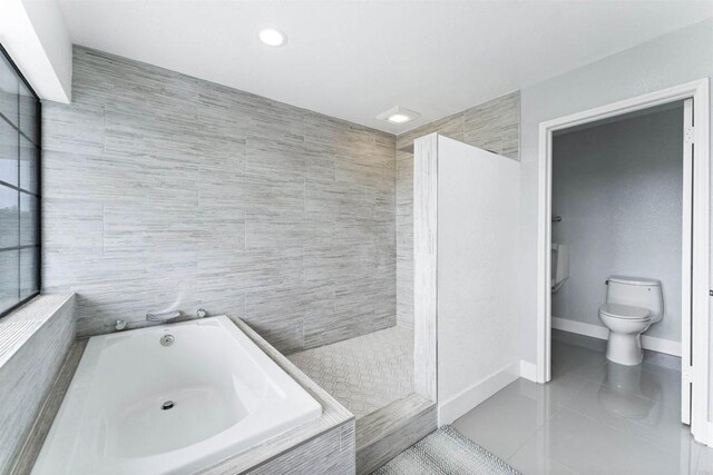 19 Gateview Dr, Fallbrook, CA 92028 - bathroom with a bath, toilet, tile patterned flooring, walk in shower, and tile walls