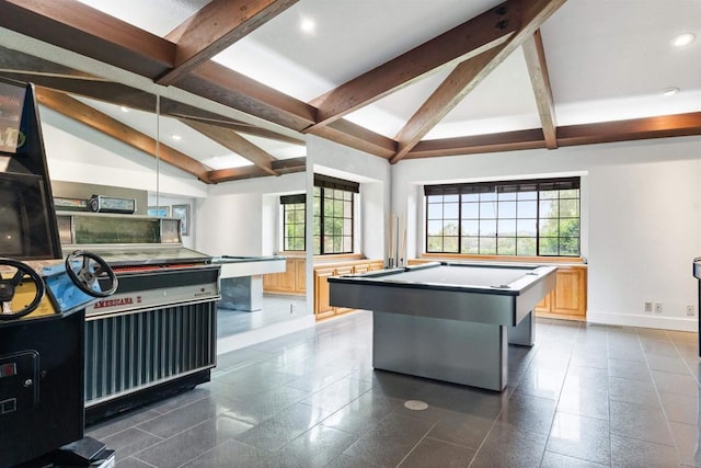 19 Gateview Dr, Fallbrook, CA 92028 - rec room with baseboards, beam ceiling, billiards table, recessed lighting, and granite tiled floors