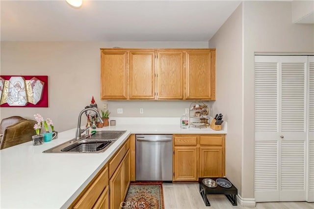 1251 Pepperwood Ct, Carson, CA 90746 - kitchen with dishwasher, light wood finished floors, light countertops, and a peninsula