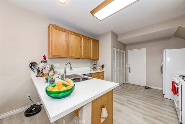 1251 Pepperwood Ct, Carson, CA 90746 - kitchen with white appliances, light countertops, a peninsula, light wood-style floors, and brown cabinets