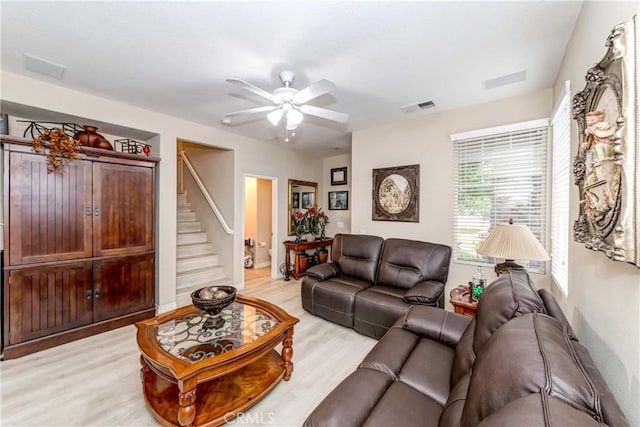 1251 Pepperwood Ct, Carson, CA 90746 - living room featuring light wood-style flooring, ceiling fan, and stairway