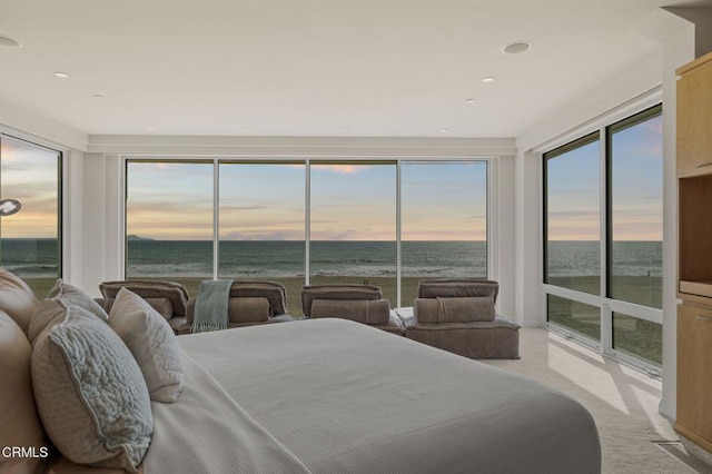 1135 Capri Way, Oxnard, CA 93035 - bedroom featuring access to outside, light colored carpet, a water view, and recessed lighting