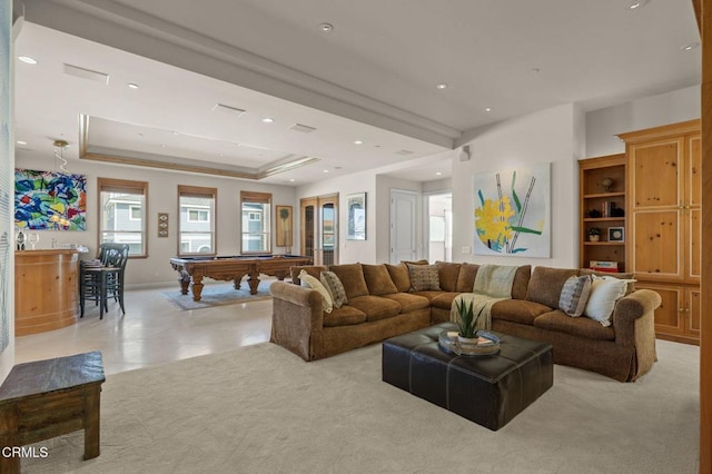1135 Capri Way, Oxnard, CA 93035 - living area featuring pool table, a tray ceiling, recessed lighting, and light tile patterned floors