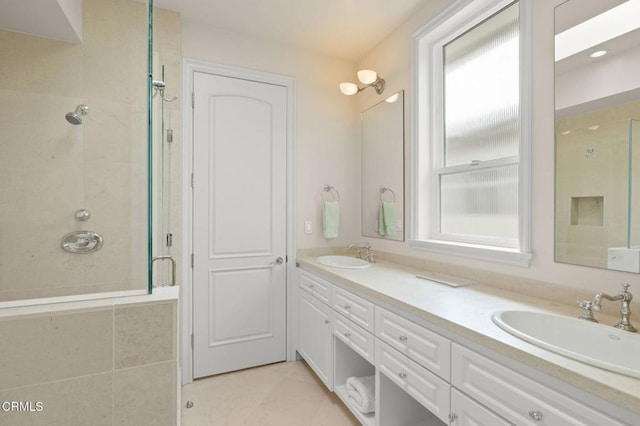 1135 Capri Way, Oxnard, CA 93035 - bathroom featuring a shower stall, double vanity, and tile patterned flooring
