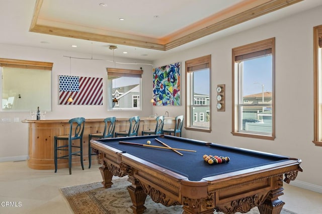 1135 Capri Way, Oxnard, CA 93035 - game room featuring a tray ceiling, wet bar, pool table, healthy amount of natural light, and recessed lighting