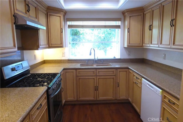 900 W Sierra Madre Ave Unit 184, Azusa, CA 91702 - kitchen featuring stainless steel gas stove, white dishwasher, under cabinet range hood, a sink, and a raised ceiling