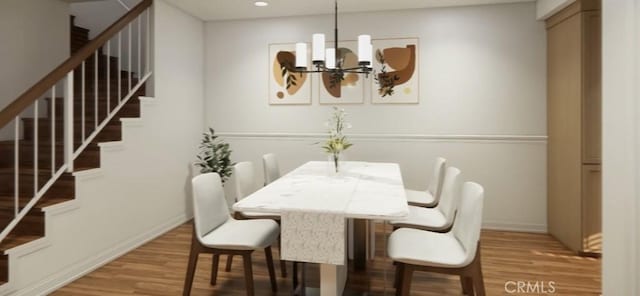 900 W Sierra Madre Ave Unit 184, Azusa, CA 91702 - dining area featuring wood finished floors, stairway, a chandelier, baseboards, and recessed lighting
