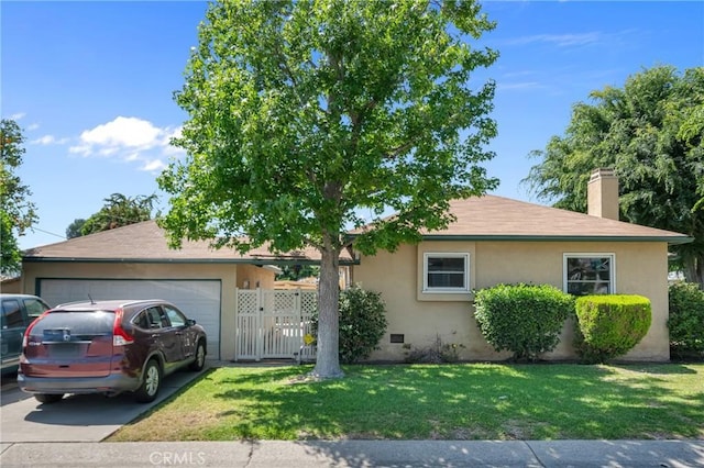 11046 Howard St, Whittier, CA 90606 - ranch-style home featuring concrete driveway, an attached garage, stucco siding, a front lawn, and a chimney