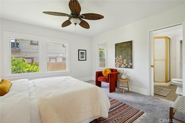 1241 Bresee Ave, Pasadena, CA 91104 - bedroom with carpet floors, baseboards, connected bathroom, and ceiling fan