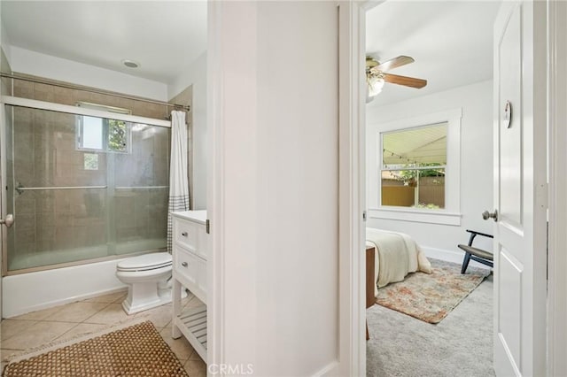 1241 Bresee Ave, Pasadena, CA 91104 - ensuite bathroom with bath / shower combo with glass door, toilet, vanity, a ceiling fan, and tile patterned floors