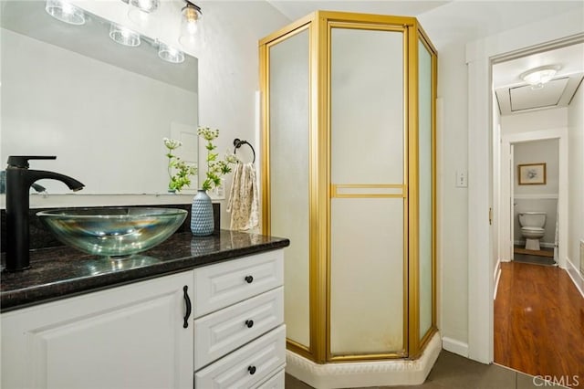 1241 Bresee Ave, Pasadena, CA 91104 - bathroom featuring a stall shower, vanity, and baseboards