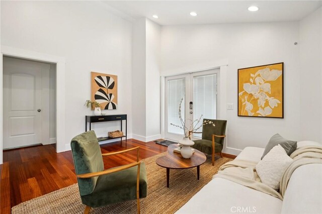 1241 Bresee Ave, Pasadena, CA 91104 - living room with french doors, high vaulted ceiling, dark wood finished floors, and recessed lighting