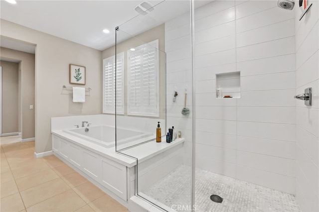 24 Granja Ct, Rancho Mission Viejo, CA 92694 - full bathroom with tile patterned floors, a garden tub, a tile shower, and recessed lighting