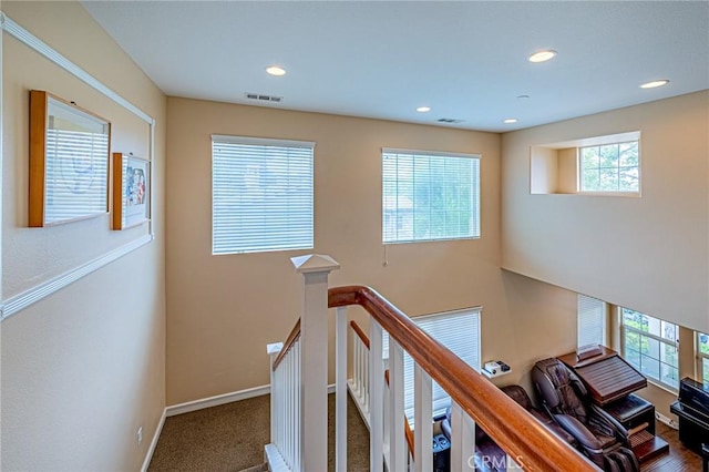 25238 Gloriso Ln, Stevenson Ranch, CA 91381 - hallway with an upstairs landing, plenty of natural light, recessed lighting, baseboards, and carpet flooring