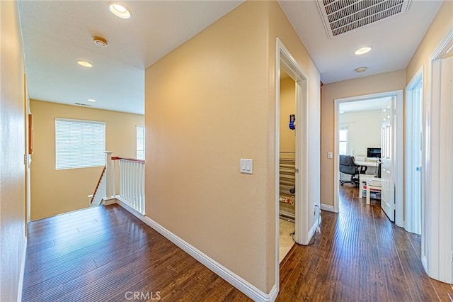 25238 Gloriso Ln, Stevenson Ranch, CA 91381 - hall featuring wood finished floors, an upstairs landing, plenty of natural light, recessed lighting, and baseboards