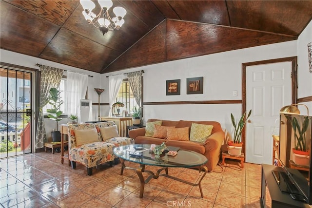 1419 S Redondo Blvd, Los Angeles, CA 90019 - living area featuring wooden ceiling, lofted ceiling, healthy amount of natural light, a chandelier, and tile patterned flooring