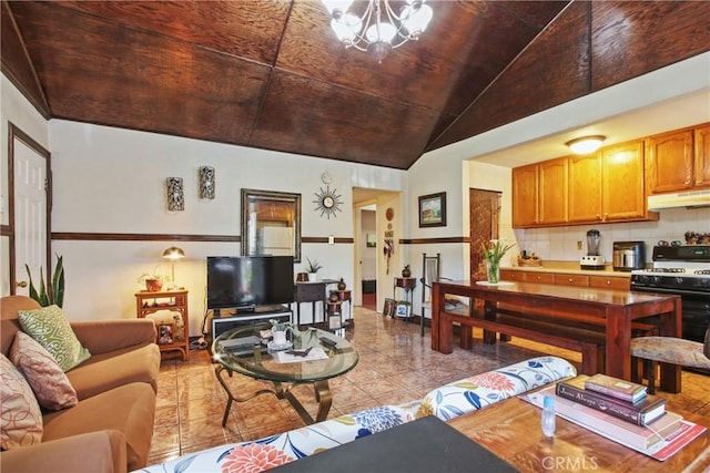 1419 S Redondo Blvd, Los Angeles, CA 90019 - living room featuring vaulted ceiling, tile patterned flooring, wooden ceiling, and a chandelier