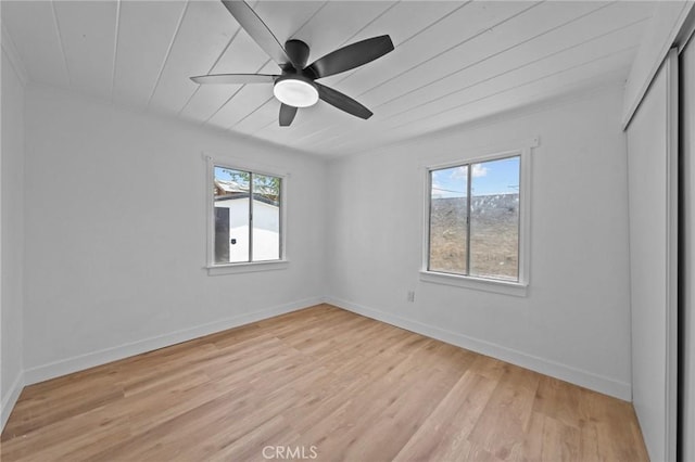 24576 4th St, San Bernardino, CA 92410 - spare room featuring light wood-style flooring, a ceiling fan, wooden ceiling, and baseboards