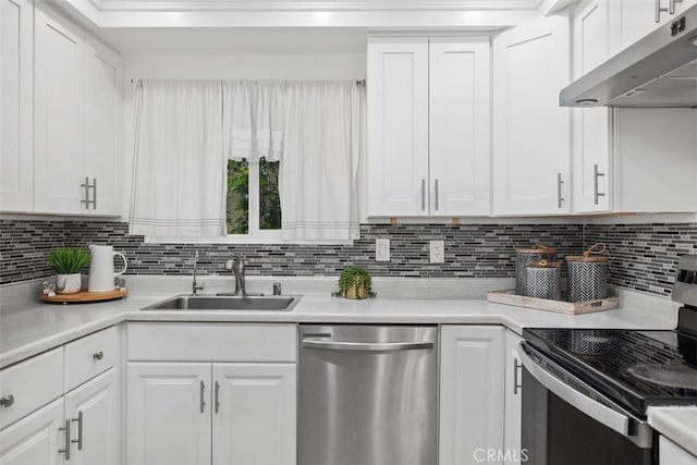 3241 San Amadeo Unit 1G, Laguna Woods, CA 92637 - kitchen with black electric range oven, stainless steel dishwasher, under cabinet range hood, a sink, and white cabinets