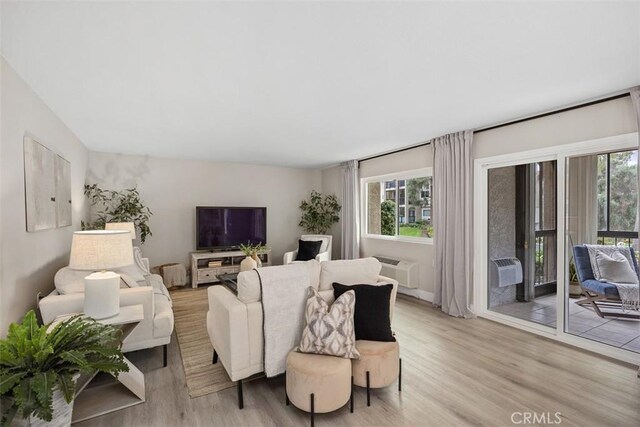 3241 San Amadeo Unit 1G, Laguna Woods, CA 92637 - living area featuring light wood-style flooring, plenty of natural light, and a wall mounted air conditioner