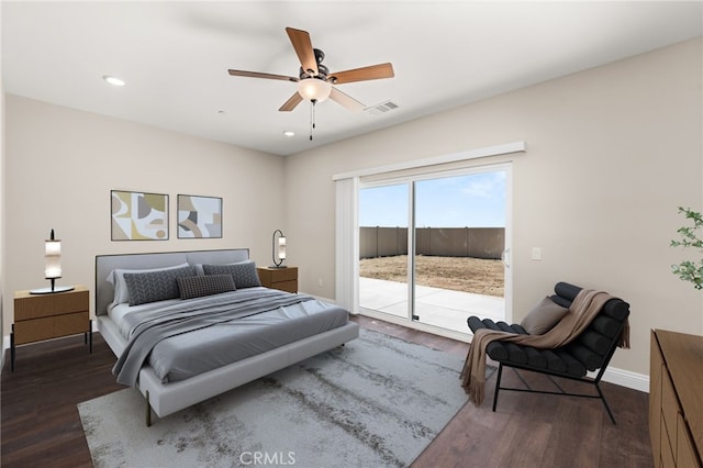 1243 Ansley Ln, Mentone, CA 92359 - bedroom with access to outside, dark wood-style floors, recessed lighting, and ceiling fan