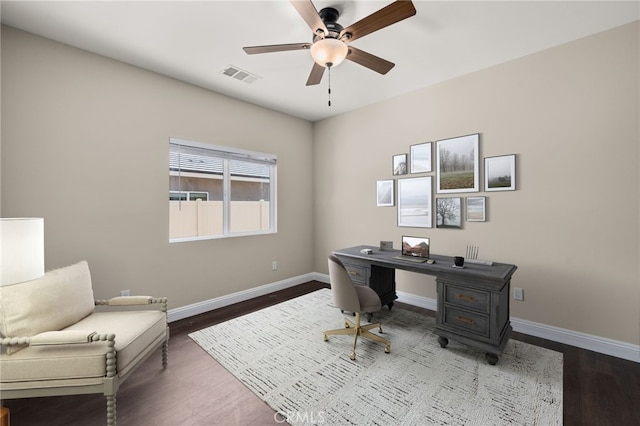 1243 Ansley Ln, Mentone, CA 92359 - office area featuring ceiling fan and wood finished floors