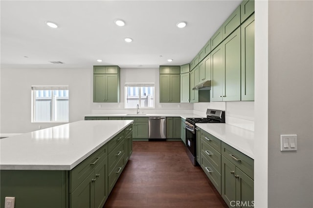 1243 Ansley Ln, Mentone, CA 92359 - kitchen with green cabinets, stainless steel appliances, under cabinet range hood, and recessed lighting