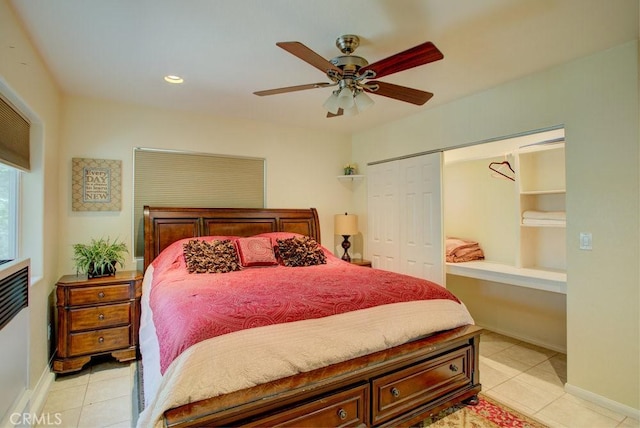 32557 Pine Cone Ct Unit A & B, Running Springs, CA 92382 - bedroom with light tile patterned flooring, a closet, baseboards, a ceiling fan, and recessed lighting