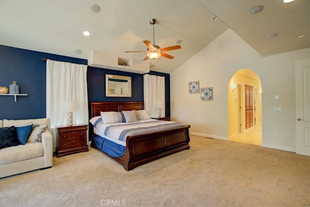 32557 Pine Cone Ct Unit A & B, Running Springs, CA 92382 - bedroom featuring carpet flooring, arched walkways, vaulted ceiling, a ceiling fan, and baseboards