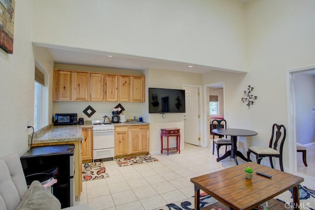 32557 Pine Cone Ct Unit A & B, Running Springs, CA 92382 - kitchen featuring white range oven, a high ceiling, black microwave, light tile patterned flooring, and a sink
